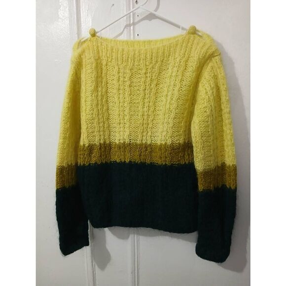 Hand made womens medium ITALIAN wool boat neck sweater color block lime green - Picture 2 of 6